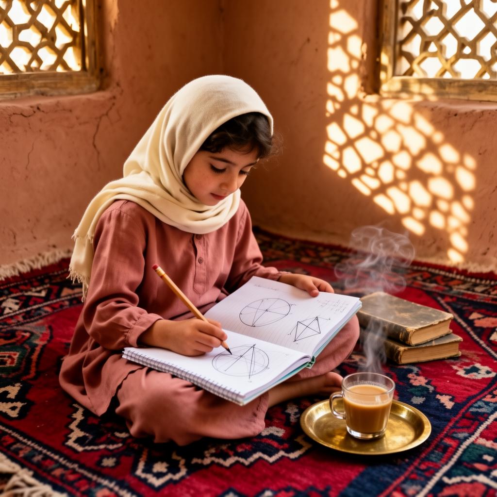 A young Afghan girl sitting cross-legged on a kilim rug, sketching geometry diagrams in her notebook with a pencil