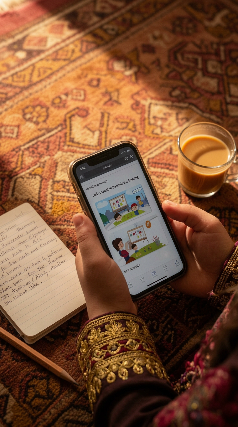A young Afghan girl's hands holding a phone, watching a lesson on a kilim rug with a notebook and chai beside her