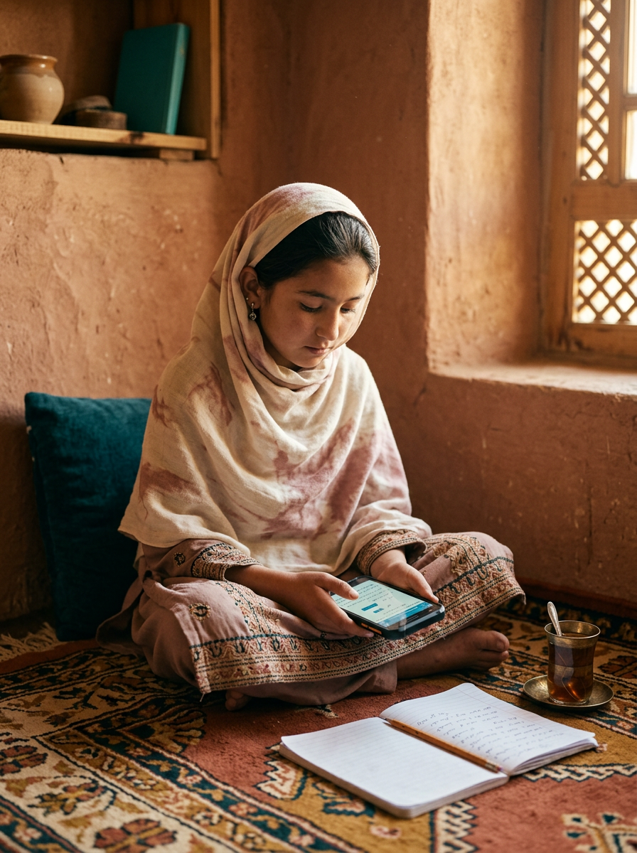 An Afghan girl in a soft headscarf studying a lesson on a phone, seated on a kilim rug in a warm sunlit home